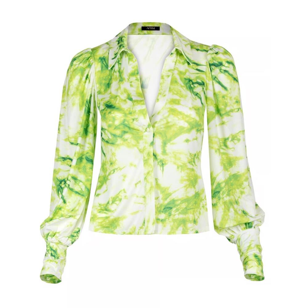 AFRM Green and White Tie Dye ish FUN one button silky feeling blouse size Small